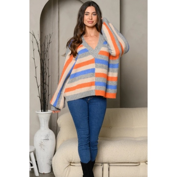 B6S💙🧡Gorgeous+soft oversized striped sweater w/ballon sleeves4desk2date! - Picture 5 of 6